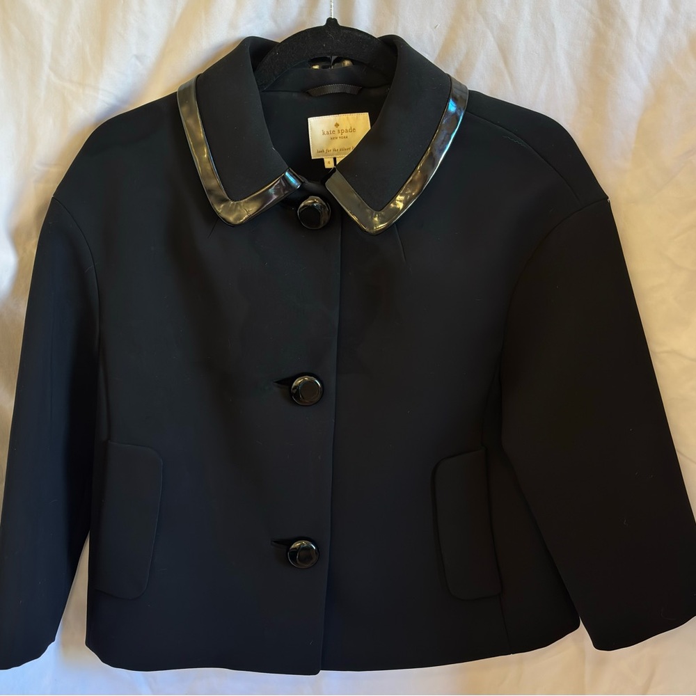 Kate Spade Black Pea Coat with patent black leather trim